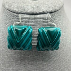 Vintage Large Statement Teal Blue Textured Puffy Square Stud Earrings Unique